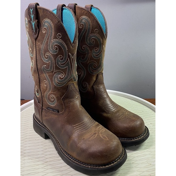 Justin Taylor Shoes - Justin Chocolate Chip Womens Leather Steel Toe Brown&Blue Cowgirl Boots Sz.6.5 B
